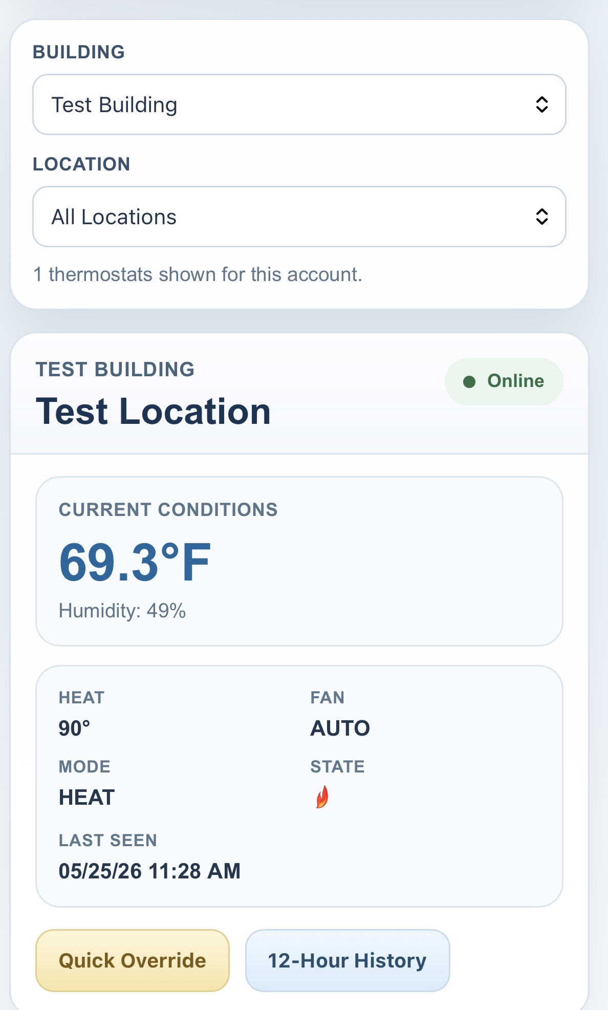 Mobile thermostat card view